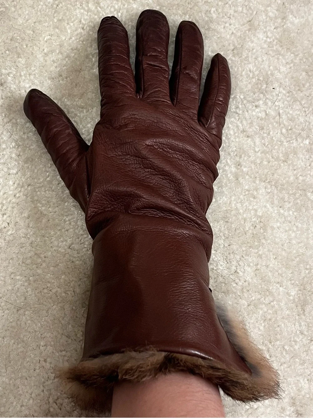 Vintage Brown Leather Gloves with Fur Trim - Women